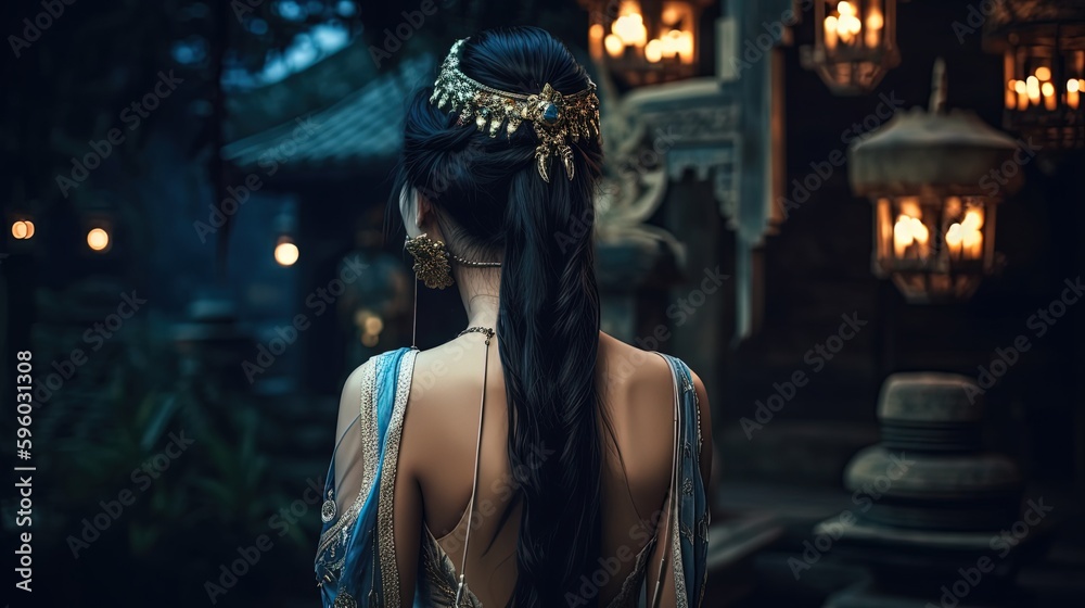 Fototapeta premium woman cosplay back view portrait of beautiful Asian princess in palace at night time, Generative Ai