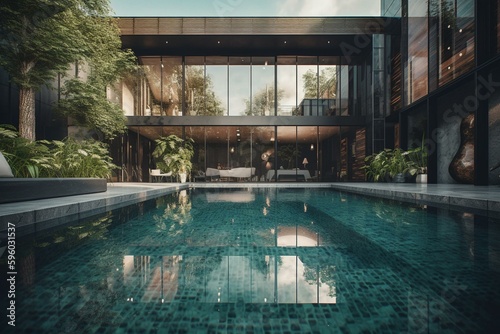 Contemporary residence with swimming pool. Generative AI