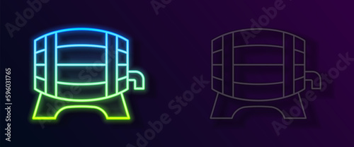 Glowing neon line Wooden barrel on rack with stopcock icon isolated on black background. Vector