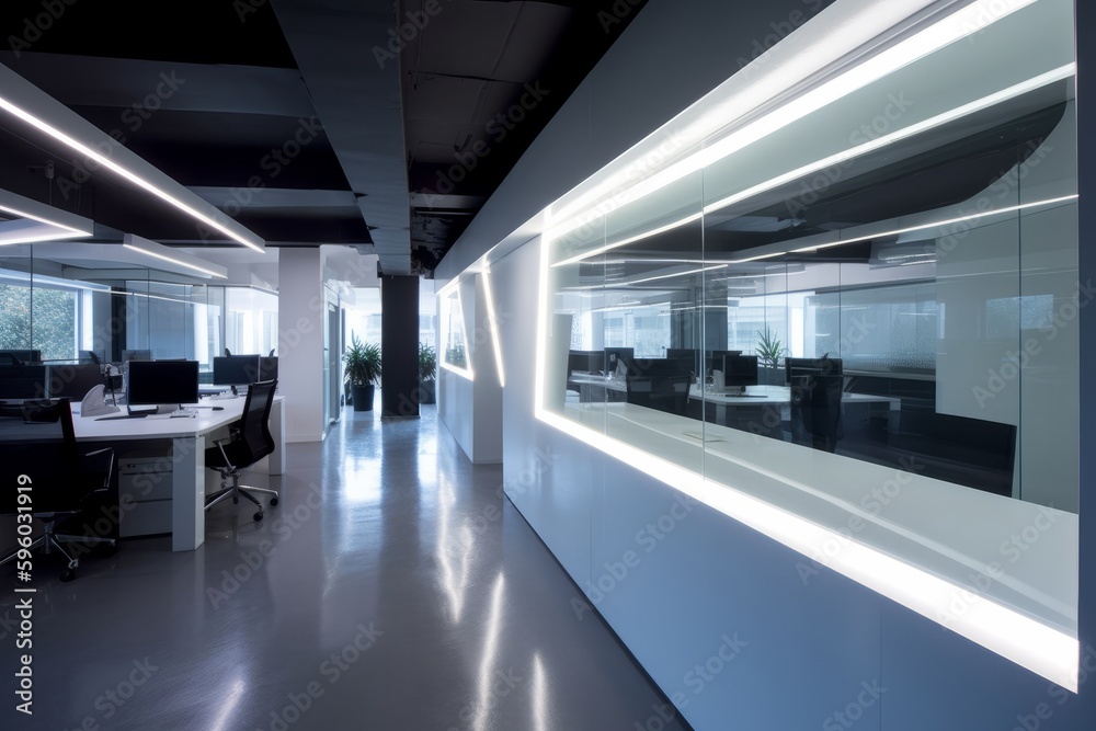 Interior of a modern startup workspace.