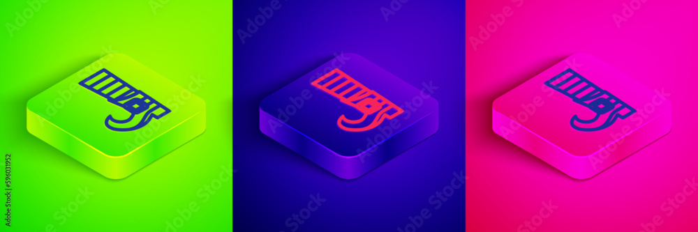 Isometric line Leprechaun boot icon isolated on green, blue and pink background. Happy Saint Patricks day. National Irish holiday. Square button. Vector Isometric line Leprechaun boot icon isolated on green, blue and pink background. Happy Saint Patricks day. National Irish holiday. Square button. Vector