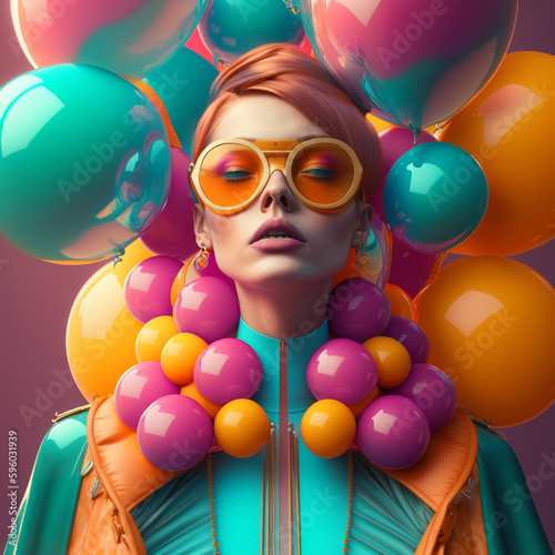 Portrait of young woman model with colorful balls. Fashion shoot concept. Generative AI.