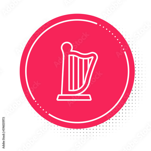 White line Harp icon isolated on white background. Classical music instrument, orhestra string acoustic element. Red circle button. Vector