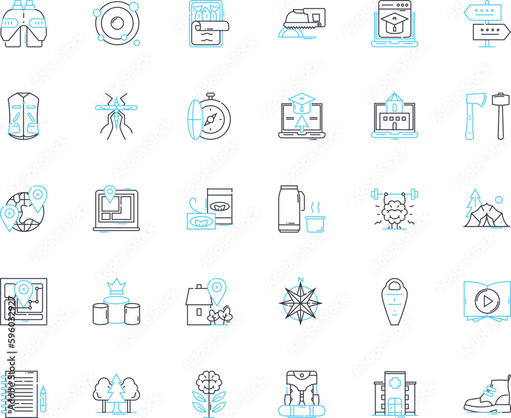 Mountain meadow linear icons set. Blissful, Alpine, Meadowsweet, Pristine, Scenic, Wildflowers, Picturesque line vector and concept signs. Serene,Tranquil,Lush outline illustrations