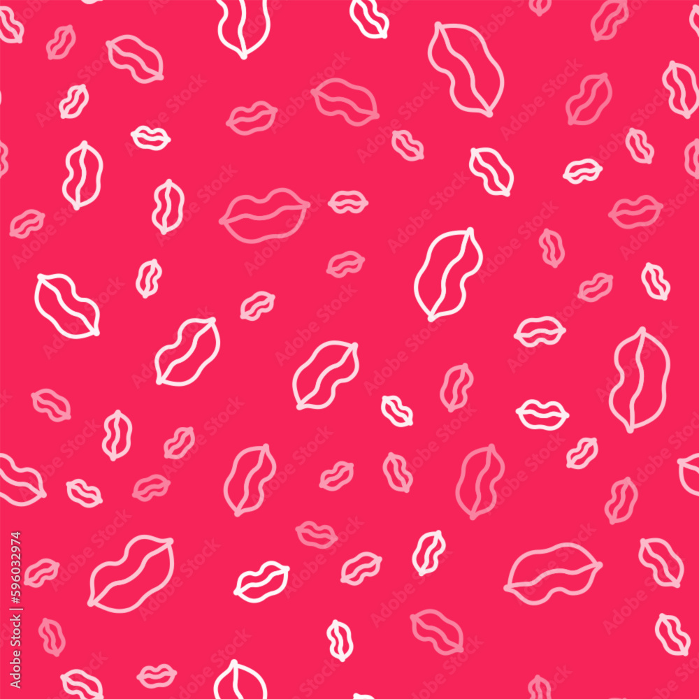 White line Smiling lips icon isolated seamless pattern on red background. Smile symbol. Vector White line Smiling lips icon isolated seamless pattern on red background. Smile symbol. Vector