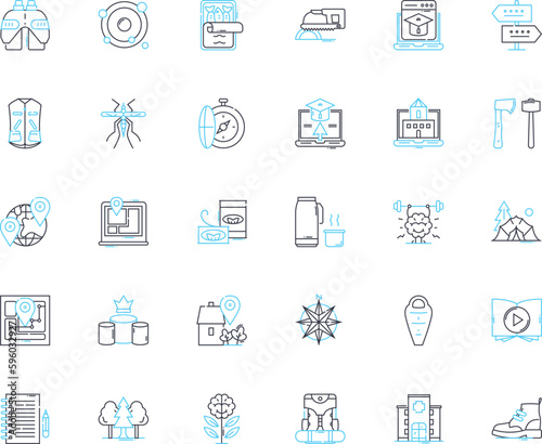 Mountain meadow linear icons set. Blissful, Alpine, Meadowsweet, Pristine, Scenic, Wildflowers, Picturesque line vector and concept signs. Serene,Tranquil,Lush outline illustrations
