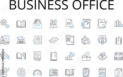 Business office line icons collection. City Hall, Corporate Sector, Trade Center, Commercial Z, Professional Realm, Executive Suite, Economic Hub vector and linear illustration. Commerce Field © michael broon