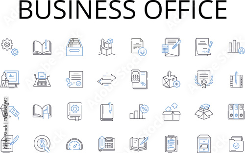 Business office line icons collection. City Hall, Corporate Sector, Trade Center, Commercial Z, Professional Realm, Executive Suite, Economic Hub vector and linear illustration. Commerce Field