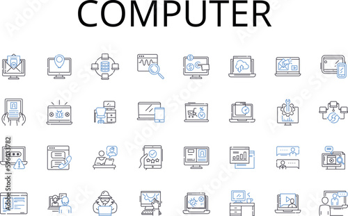 Computer line icons collection. Laptop, Desktop, Machine, Workstation, Processor, System, Device vector and linear illustration. Technology,PC,Server outline signs set © michael broon