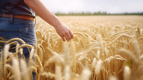 Rural farmer walking through field inspecting the wheat crop. created with Generative AI