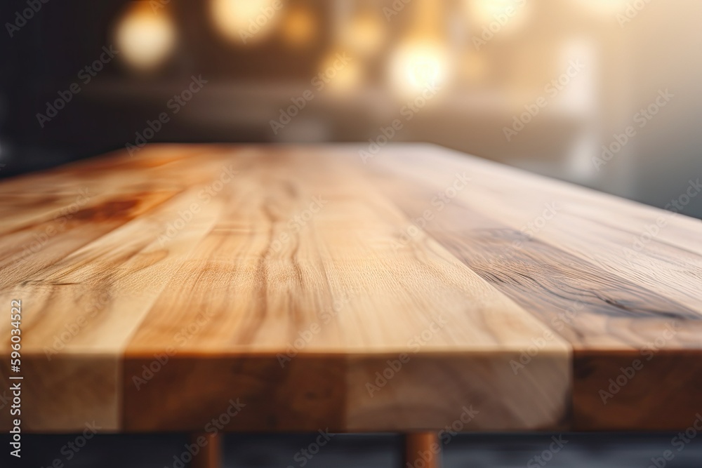 Empty old wooden table close up with blur background. Generative AI Empty old wooden table close up with blur background. Generative AI
