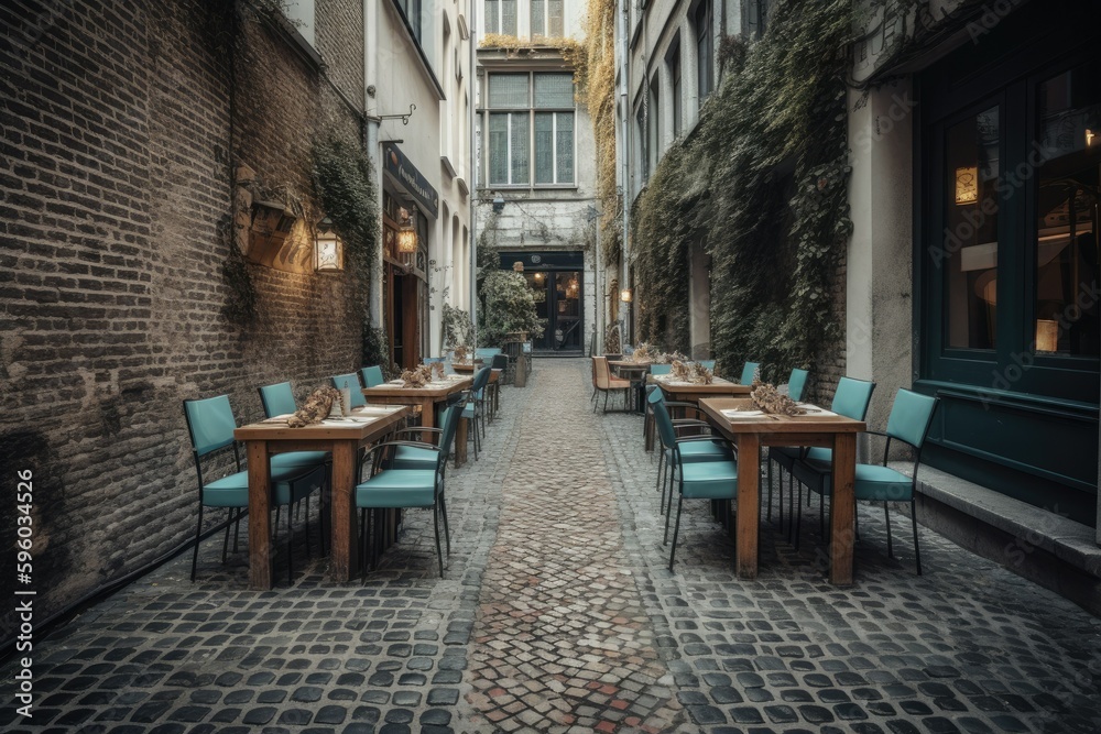 European small street paved with paving stones with restaurant tables. Generative AI