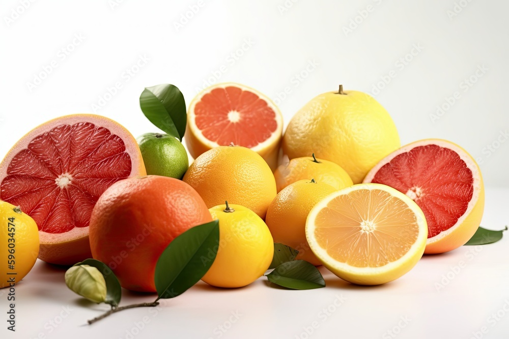 Isolated citrus fruits. Pieces of pink grapefruit and orange isolated on white background. Generative AI Isolated citrus fruits. Pieces of pink grapefruit and orange isolated on white background. Generative AI