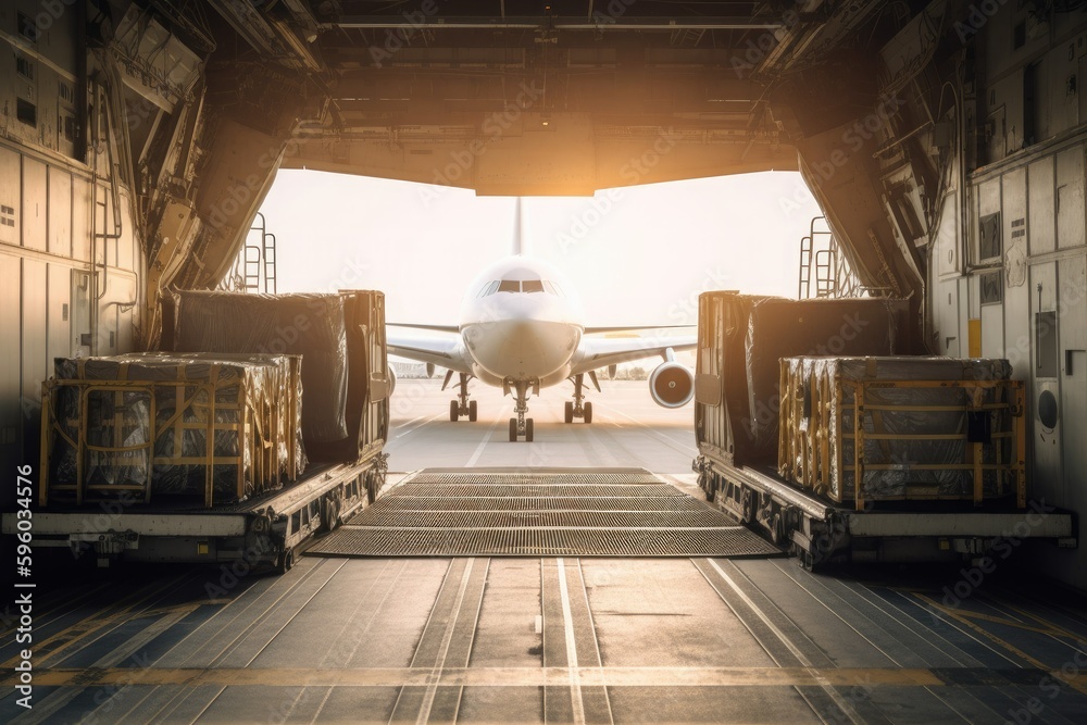Unloading widebody cargo airplane at the airport. Generative AI Unloading widebody cargo airplane at the airport. Generative AI
