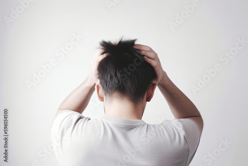 Man is stressed and holding his head on white background. Generative AI