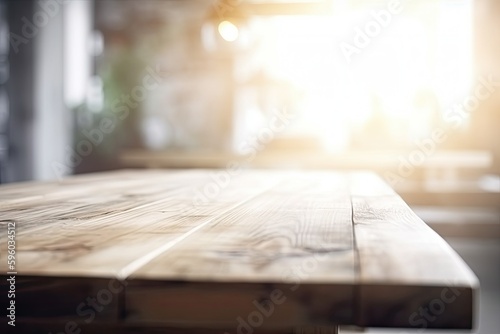 Empty wooden table in blurred light kitchen background. Generative AI