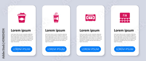 Set Cinema auditorium with screen, VHS video cassette tape, Paper glass water and Popcorn cardboard box. Business infographic template. Vector