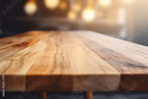 Empty old wooden table close up with blur background. Generative AI