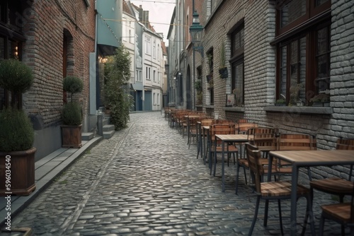 Restaurant and outdoor tables on vintage european street. Generative AI
