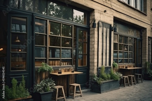 Old cafe with black wooden windows. Generative AI © Iryna