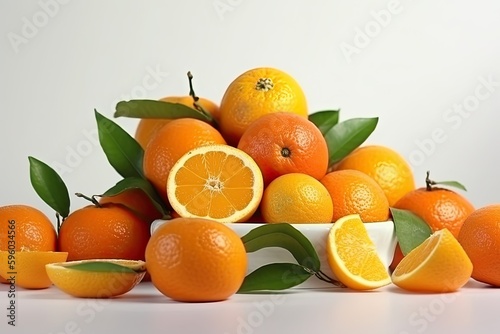 Group of oranges with leaves, some sliced in half. Generative AI