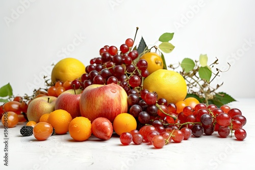 Mix of seasonal European fruits and berries on a white background. Generative AI