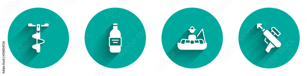 Set Hand ice drill, Bottle of vodka, Fisherman in boat and Fishing harpoon icon with long shadow. Vector Set Hand ice drill, Bottle of vodka, Fisherman in boat and Fishing harpoon icon with long shadow. Vector