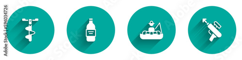 Set Hand ice drill, Bottle of vodka, Fisherman in boat and Fishing harpoon icon with long shadow. Vector