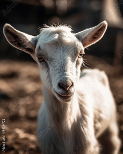 Portrait of a white goat on the farm. Close-up.