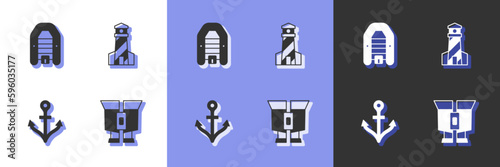 Set Binoculars, Inflatable boat with motor, Anchor and Lighthouse icon. Vector