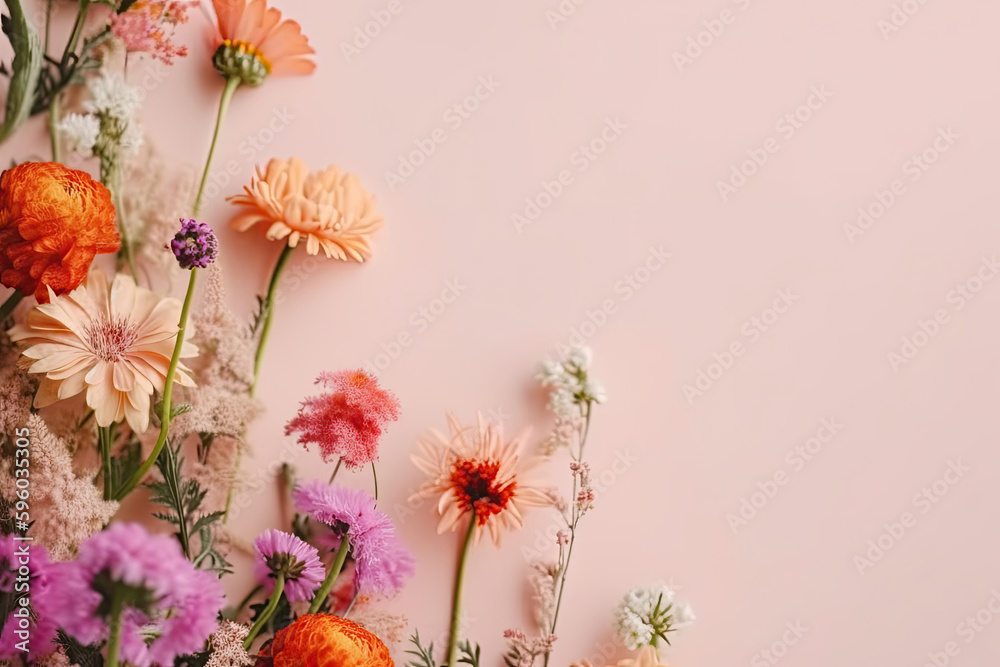 Festive floral composition, top view. Flowers on bright colored background. Wallpaper banner with copy space. Created with Generative AI