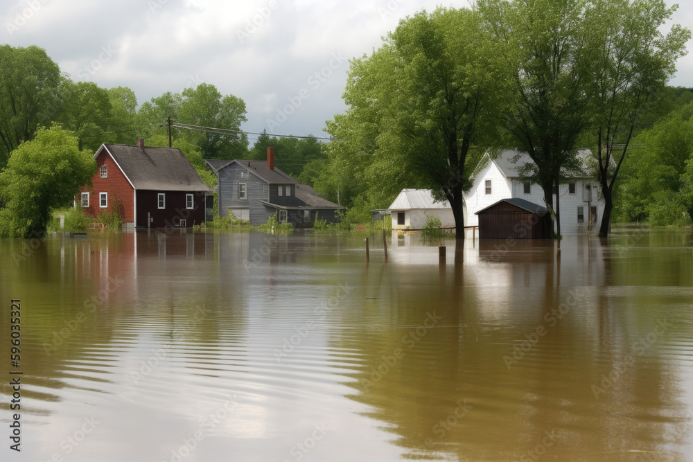 Flooding in city street. Street after hurricane and heavy rain. Property damage by high water. Created with Generative AI Flooding in city street. Street after hurricane and heavy rain. Property damage by high water. Created with Generative AI