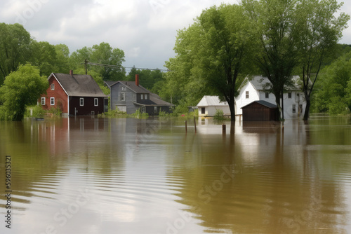 Flooding in city street. Street after hurricane and heavy rain. Property damage by high water. Created with Generative AI