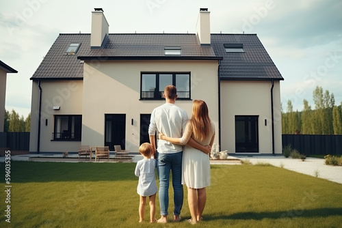Man and woman dream of buying new house. Happy family stands in front of their new home. Real estate purchasing. Created with Generative AI