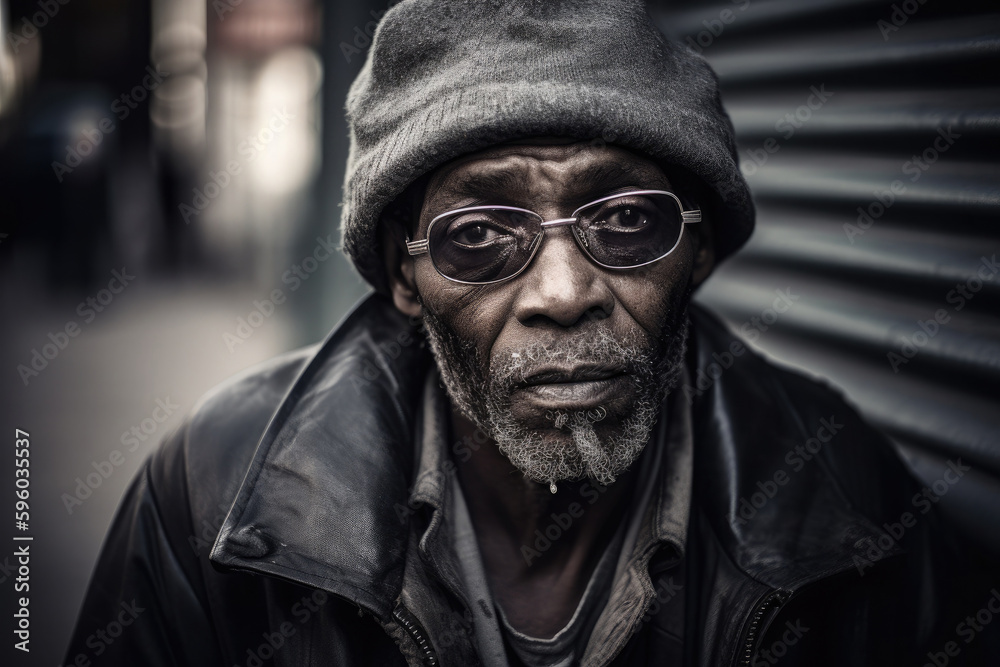 Portrait of homeless man, close up. Tramp on city street. Bearded, wrinkled man. Social inequality. Created with Generative AI Portrait of homeless man, close up. Tramp on city street. Bearded, wrinkled man. Social inequality. Created with Generative AI