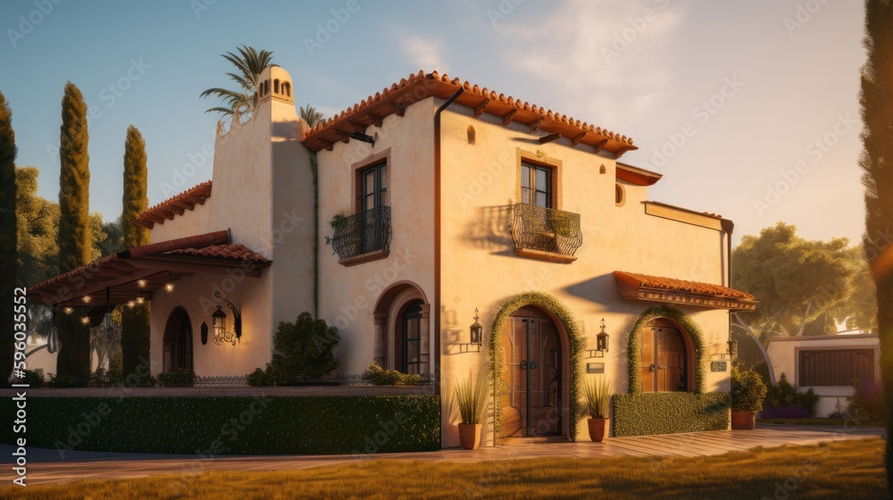 Spanish exterior house design in daytime golden hour generative ai