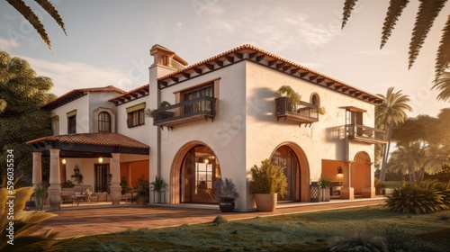 Spanish exterior house design in daytime golden hour generative ai