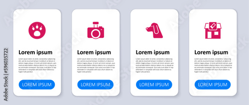 Set Hunting shop, dog, Photo camera and Paw search. Business infographic template. Vector