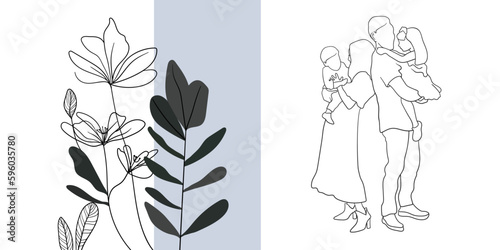 Abstract floral family line art on white background. Modern blue shape line art. Happy family minimal design for wedding card template