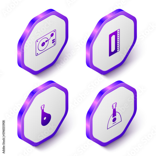 Set Isometric Vinyl player with vinyl disk, Harmonica, Bandura and Balalaika icon. Purple hexagon button. Vector