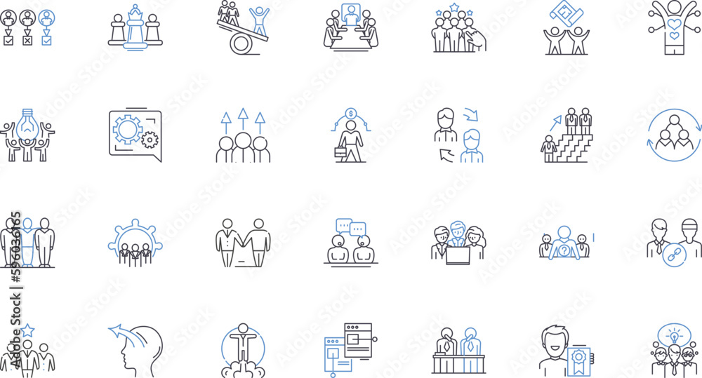 Sales training line icons collection. Prospecting, Negotiation, Pitching, Closing, Objection-handling, Pipeline, Follow-up vector and linear illustration. Referral,Productivity,Time-management outline