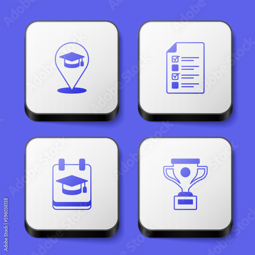 Set Online education, quiz, test, survey, and Award cup icon. White square button. Vector