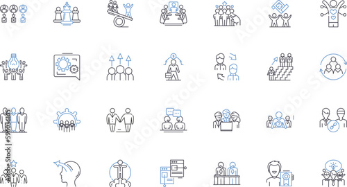 Sales training line icons collection. Prospecting, Negotiation, Pitching, Closing, Objection-handling, Pipeline, Follow-up vector and linear illustration. Referral,Productivity,Time-management outline