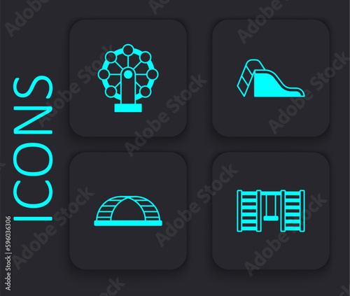 Set Swedish wall, Ferris wheel, Slide playground and Monkey bar icon. Black square button. Vector
