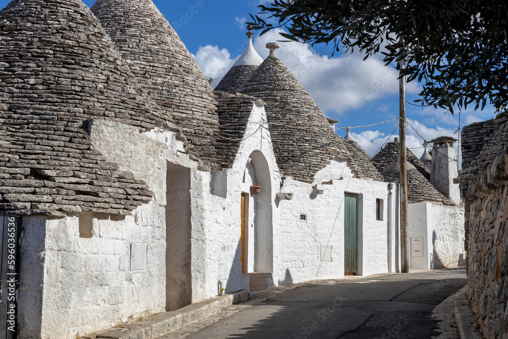 Beautiful view of a narrow street in the city of Alberobello.