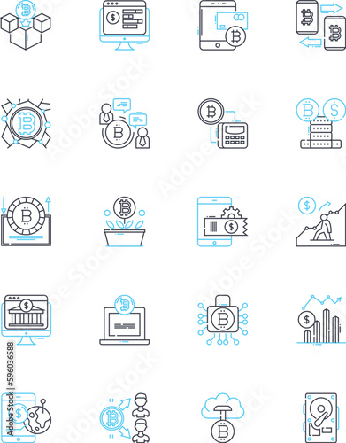Blockchain technology linear icons set. Decentralization, Cryptocurrency, Security, Transparency, Smart contracts, Immutable, Distributed line vector and concept signs. Ledger,Trustless,Consensus