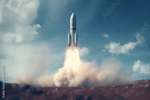 A rocket is depicted as launched with white smoke in this 3D render. Generative AI