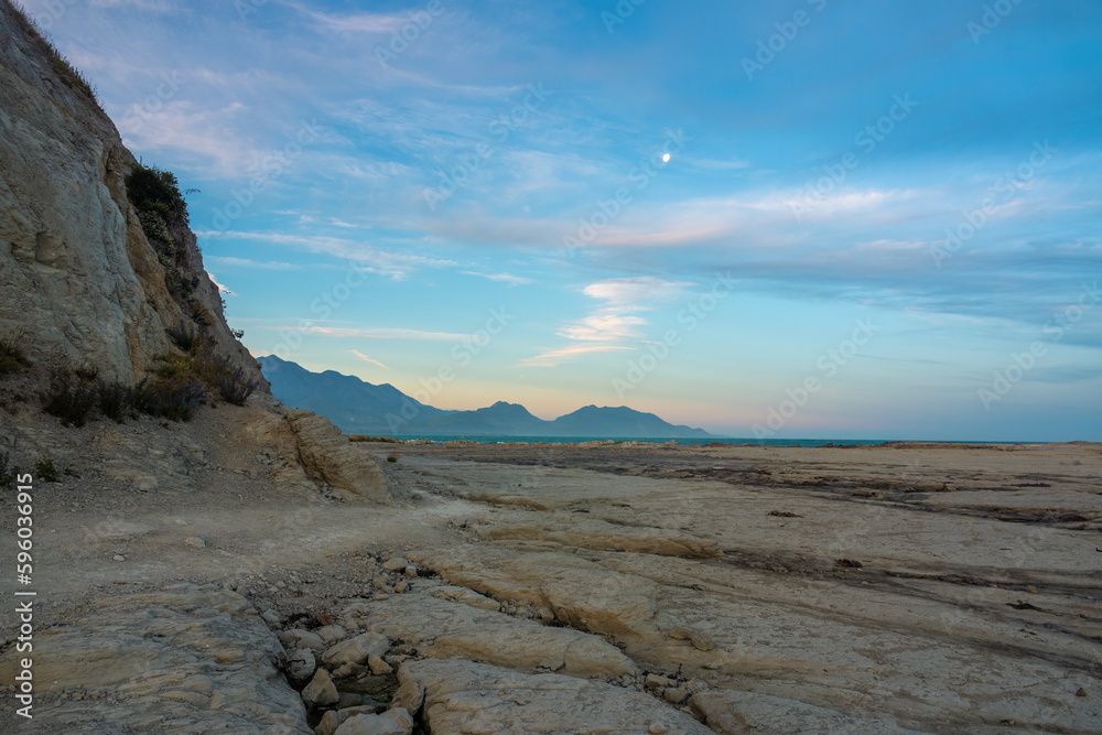 Spectacular coastal landscapes in Kaikoura on the east coast of the South Island of New Zealand. The rocky shores was created by an earthquake uplift in 2016 Spectacular coastal landscapes in Kaikoura on the east coast of the South Island of New Zealand. The rocky shores was created by an earthquake uplift in 2016