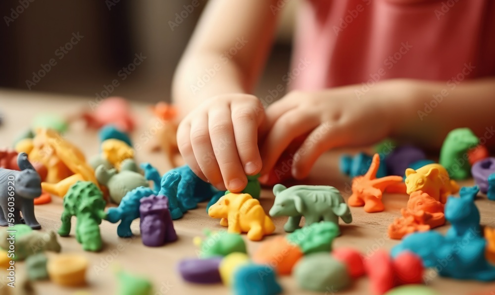 Child playing with colorful clay making animal figures, generative AI Child playing with colorful clay making animal figures, generative AI