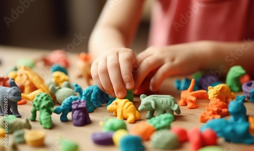 Child playing with colorful clay making animal figures, generative AI